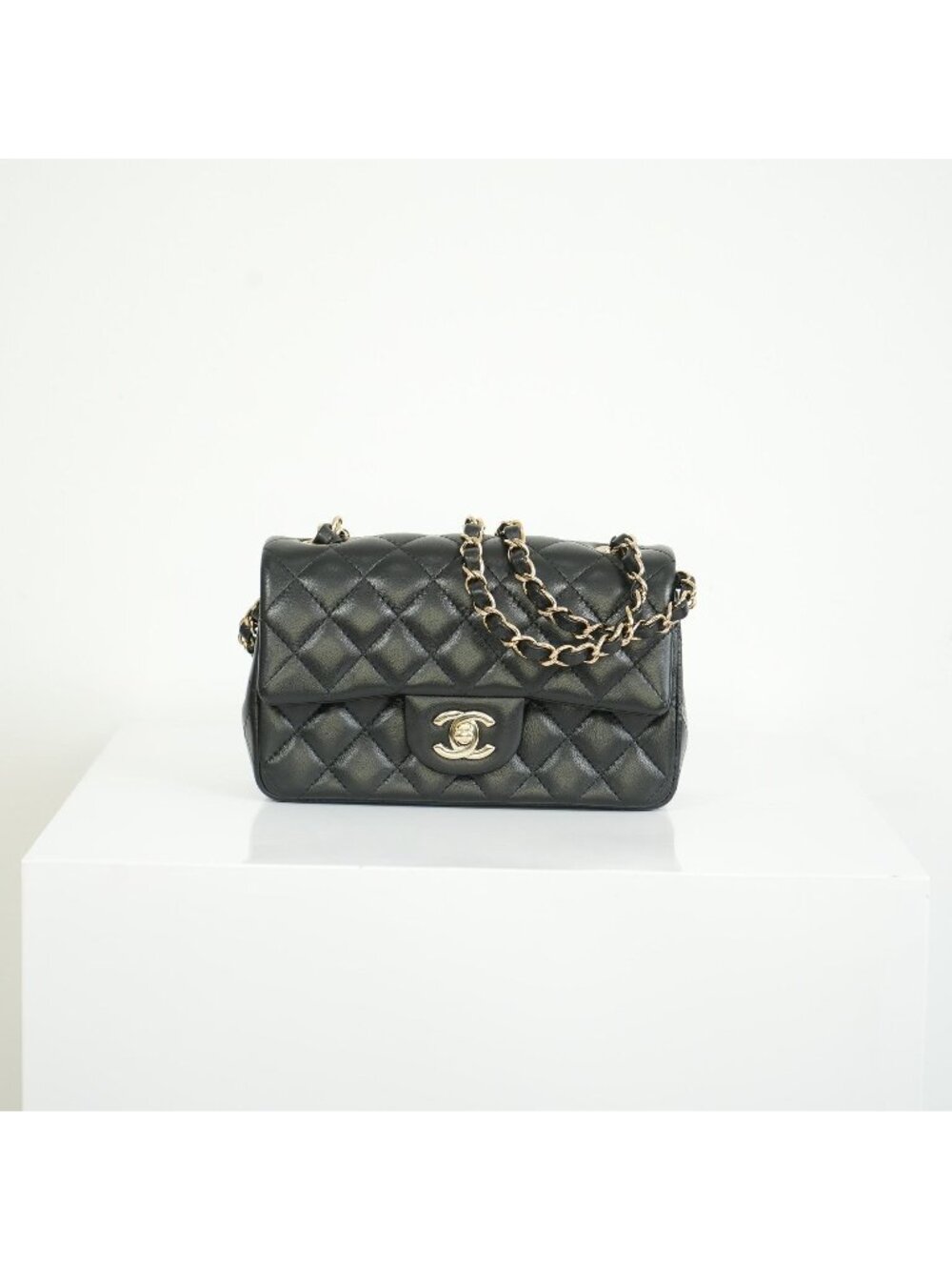 Chanel Mini Classic Black Lambskin W/Champagne Gold Flap Bag Full Set